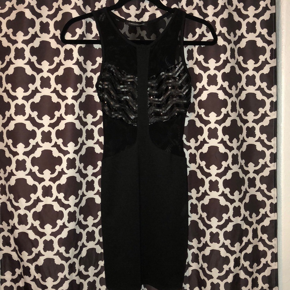 NYE black mini mesh dress